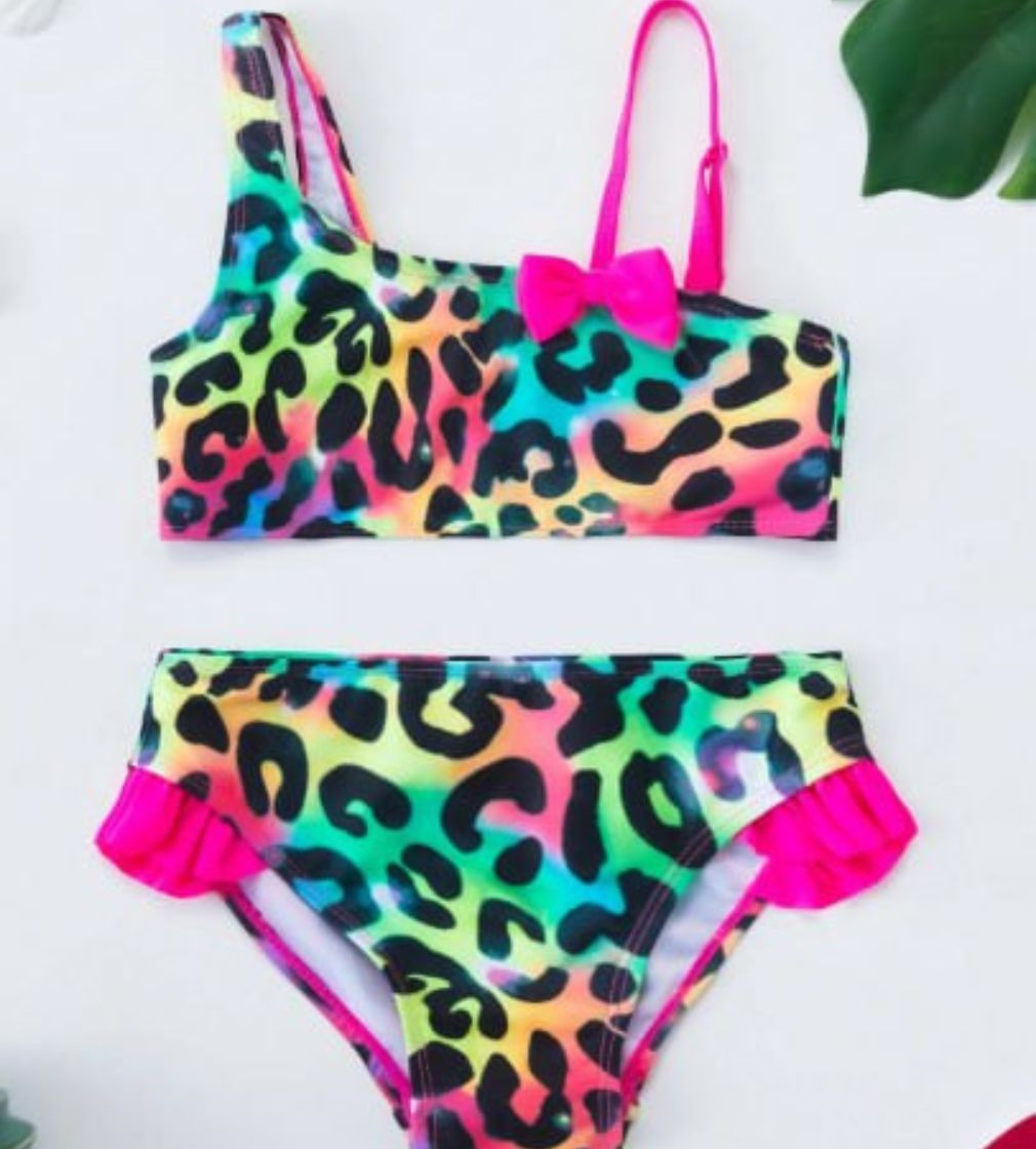 Купить Купальник Shein Young Girl Rainbow Leopard Print Asymmetrical Neck Cute Bowknot Bikini Set Summer Beach - фото 1