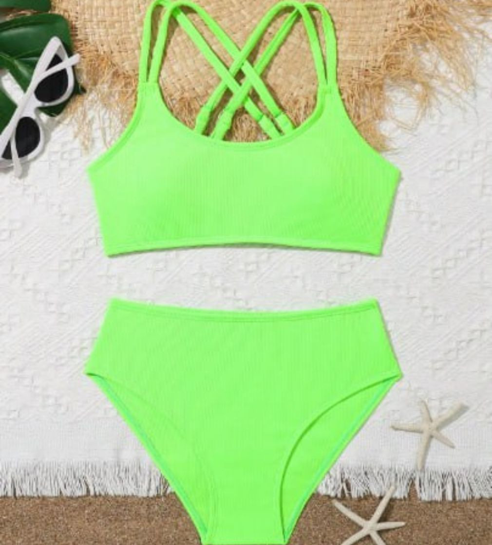 Купить Купальник Shein Tween Girl Summer Beach Two-Piece Ribbed Criss-Cross Shoulder Strap Bikini Set Bathing Suit - фото 1