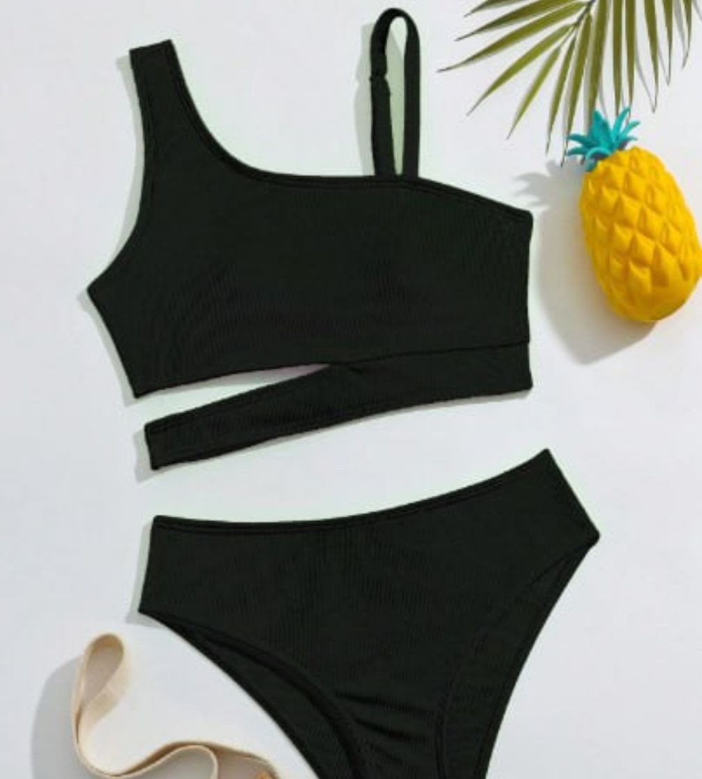 Купить Купальник Shein Tween Girl Detachable Padded Asymmetrical Neck Separates Bikini Set Safe Summer Beach Black - фото 1