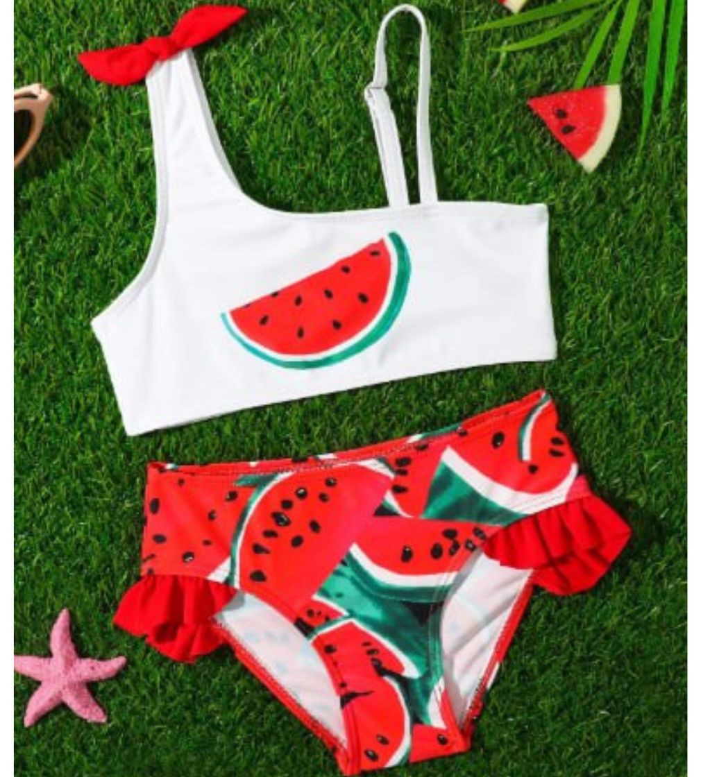 Купити Купальник Shein Young Girl Watermelon Print Bow Asymmetrical Neck Ruffle Trim Bikini Set Summer Beach - фото 1