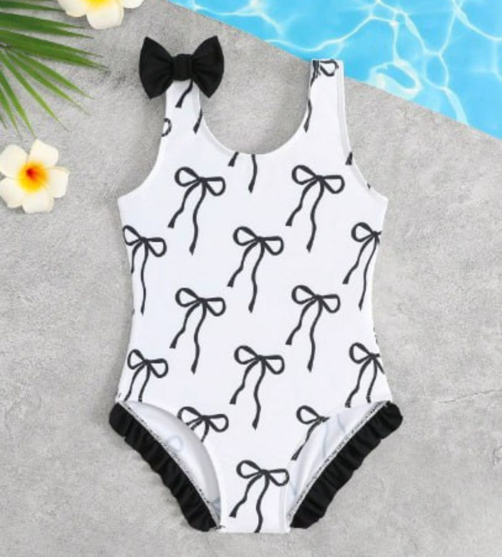 Купить Купальник Shein Young Girl Bow Printed One-Piece Swimsuit Baby White Black - фото 1